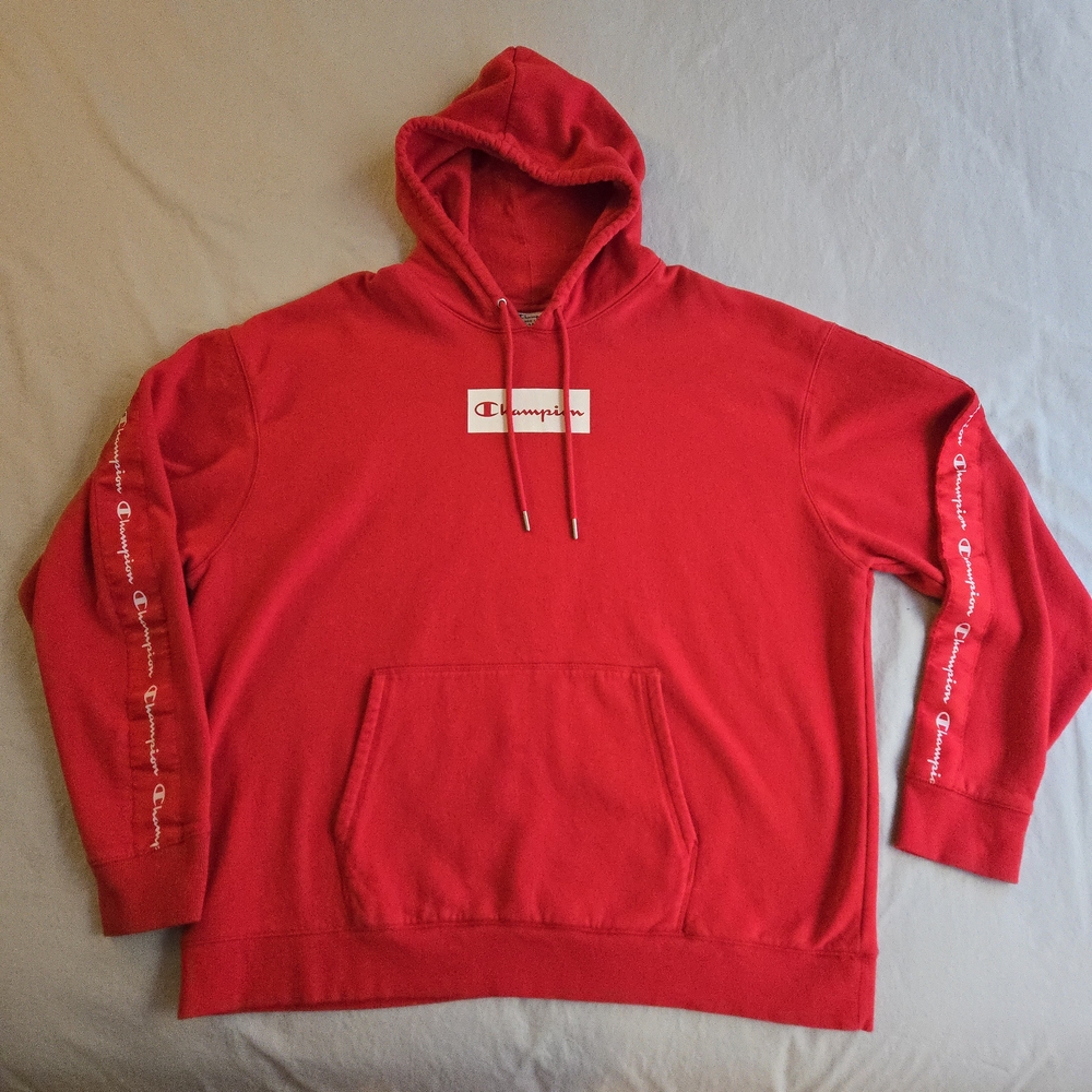 Champion Vibrant Red Men's Lampas Hoodie Classic Fleece Pullover Sweatshirt